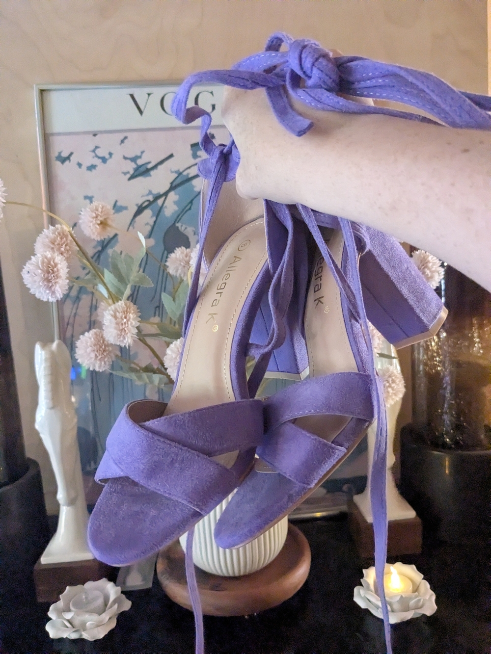Size 8 Allegra K Purple Suede Lace-Up Block Heel Sandals